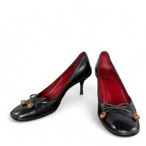 Gucci Black Leather Pumps 8.5 B Bamboo Bow Kitten Heels Vintage Designer Luxury